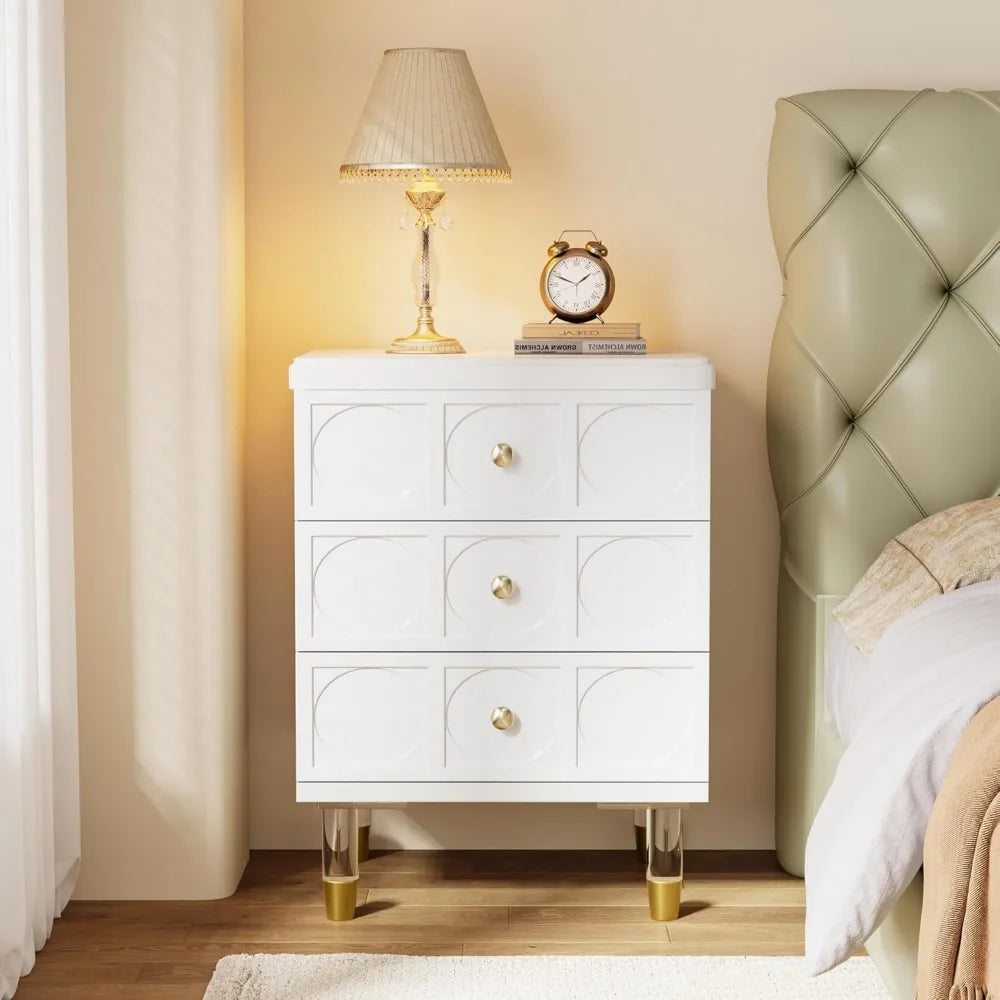 End Table or Nightstand, Bedside Table with 3 Drawers, White Nightstand, Night Stand Dresser for Bedroom, Night Table or Side Table
