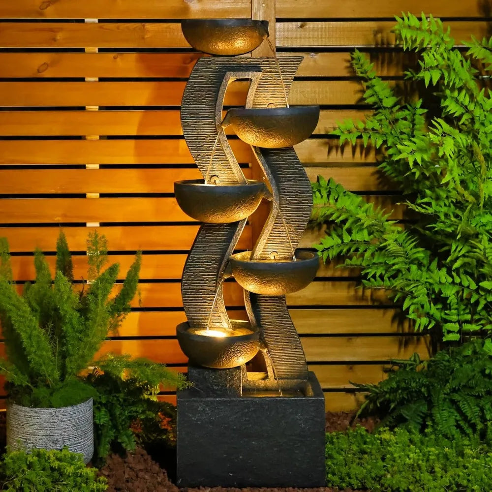 Large Outdoor Garden Fountain with Illuminated Waterfall, Resin Fountain, 6th Floor, High Garden