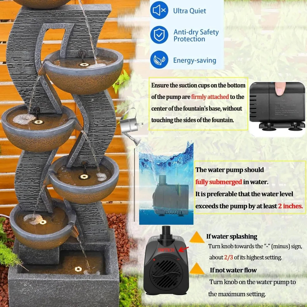 Large Outdoor Garden Fountain with Illuminated Waterfall, Resin Fountain, 6th Floor, High Garden