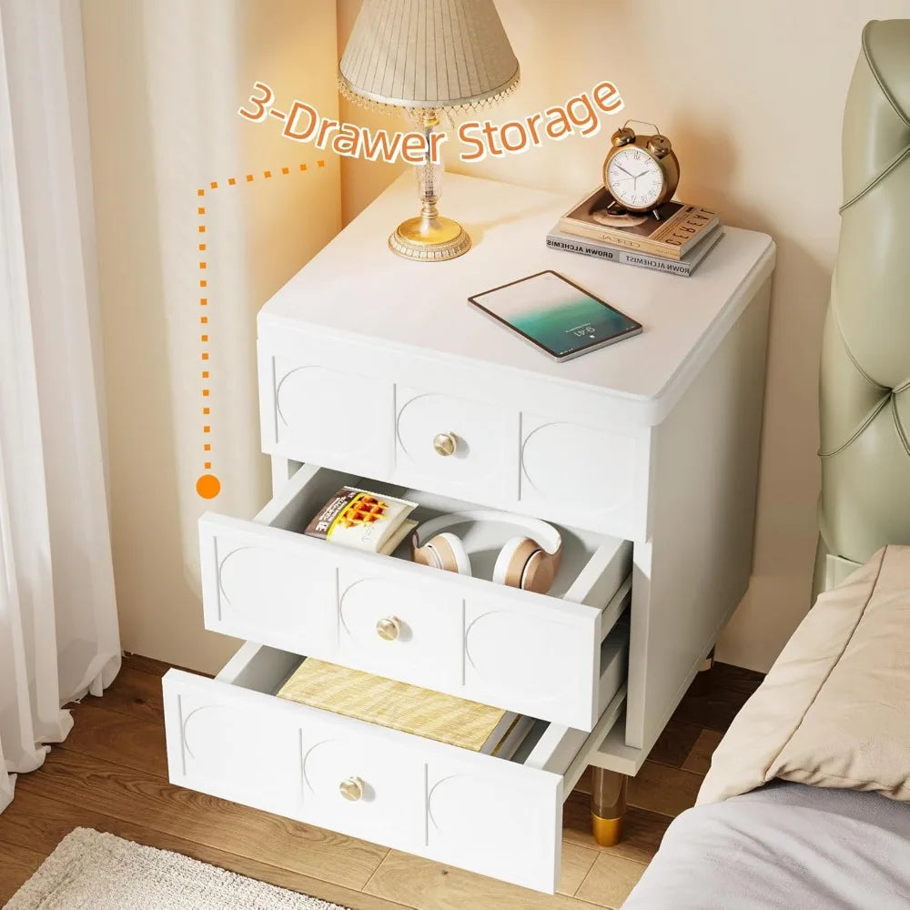 End Table or Nightstand, Bedside Table with 3 Drawers, White Nightstand, Night Stand Dresser for Bedroom, Night Table or Side Table