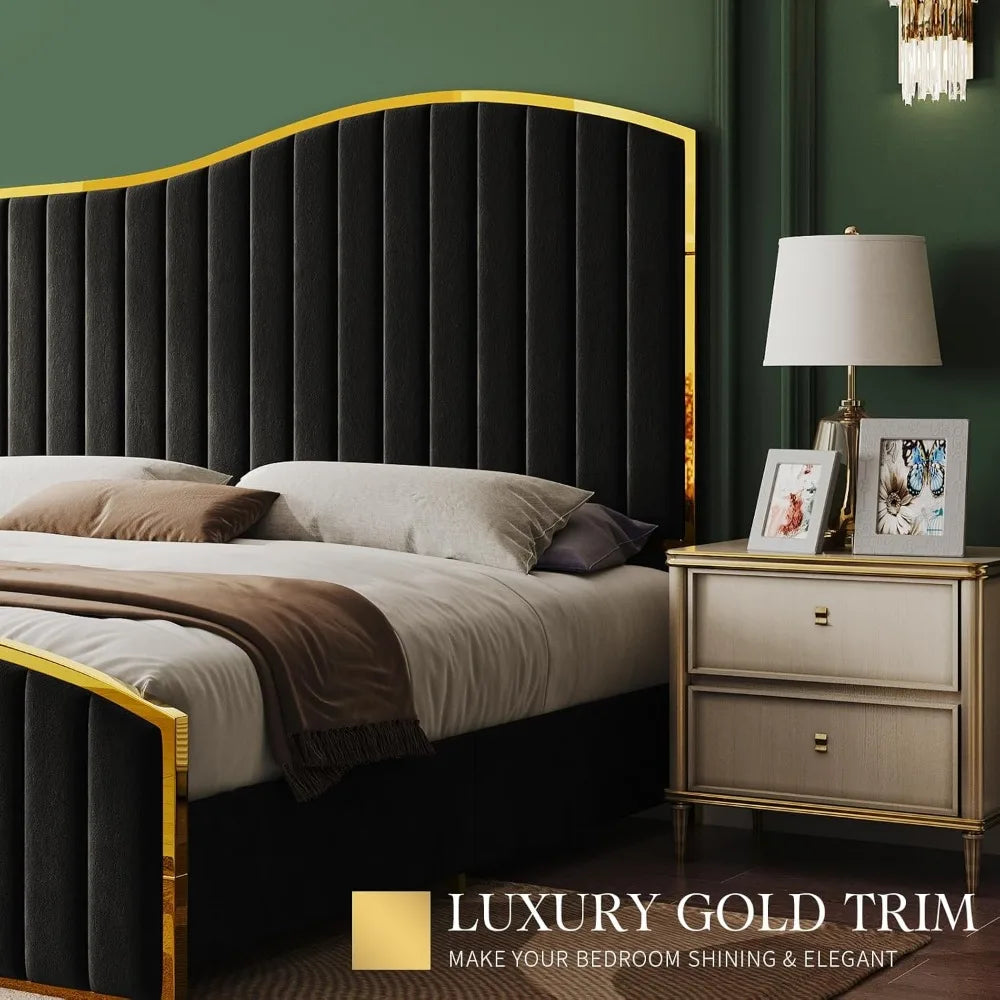 Bed Frame Bedstead Queen Size or King Size, 61.4" High Headboard Platform Bed Velvet Upholstered with Gold Trim/No Box Spring Required/Black