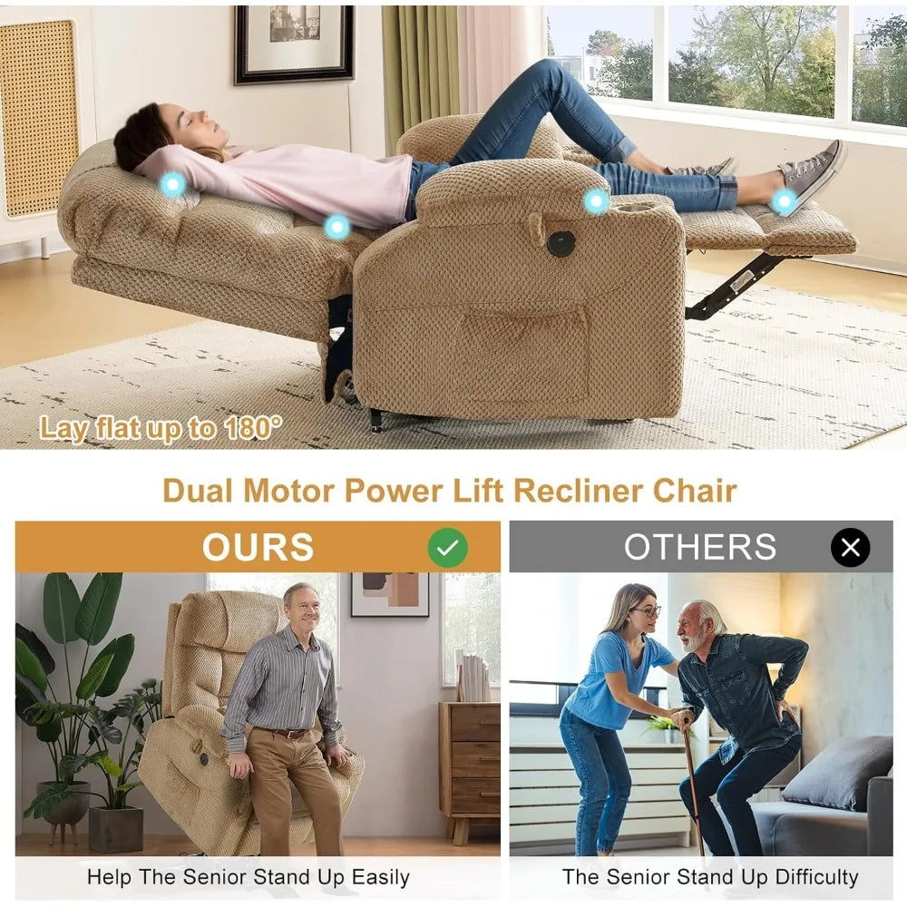 Chair Oversized Power Lift, Recliner Chair with Massage, Heating, Lumbar Pillow, USB & Type-C Ports, for Big & Young and Matured People, Beige