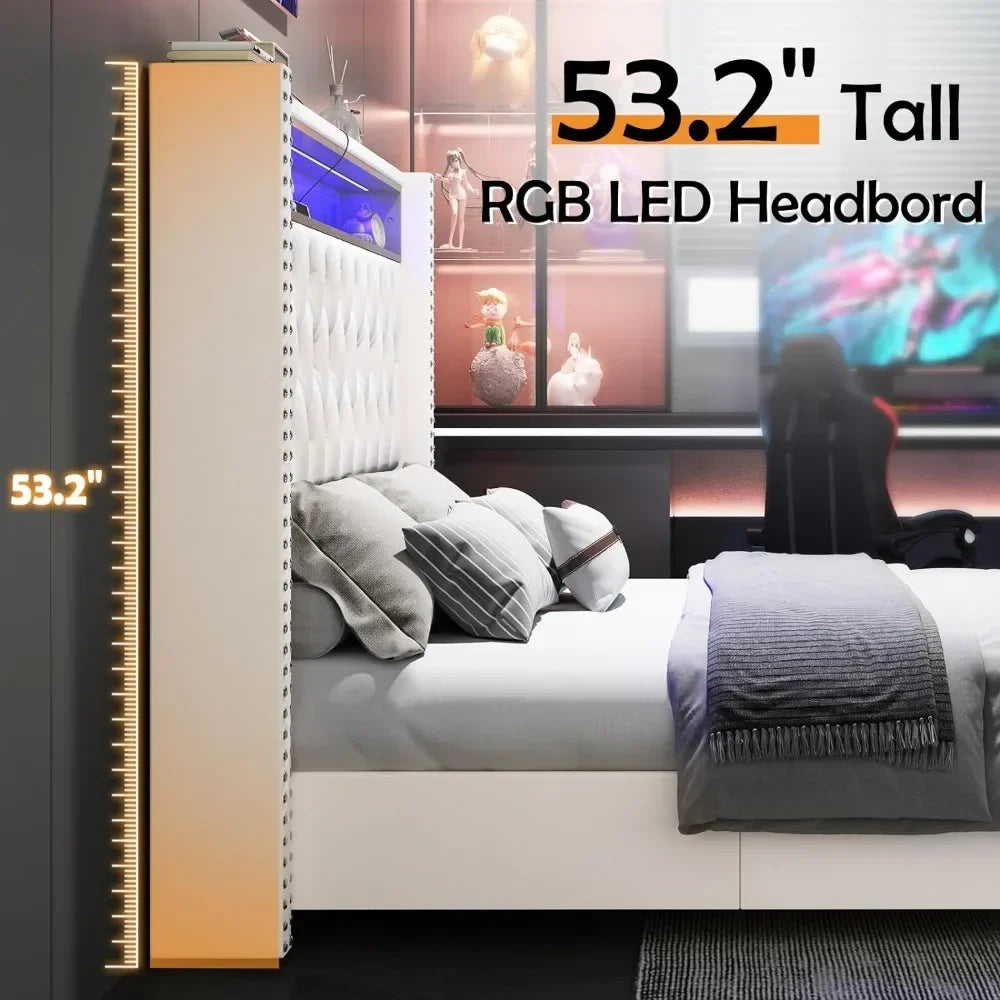 Bed Frame and Headboard LED King Size with Charging Station Velvet Upholstered Beds, No Box Spring Needed, King Size Bed Frame