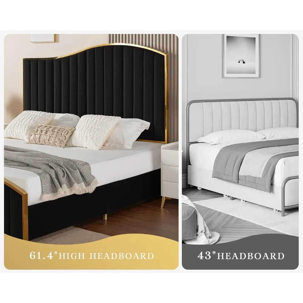 Bed Frame Bedstead Queen Size or King Size, 61.4" High Headboard Platform Bed Velvet Upholstered with Gold Trim/No Box Spring Required/Black