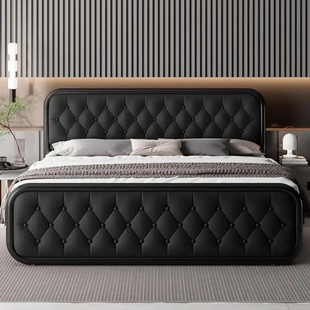 Bed Frame Heavy Duty King Size or Queen Size or Full Size Bed Frame With Faux Leather Headboard Bedroom Furniture 12" Under-Bed Storage Black