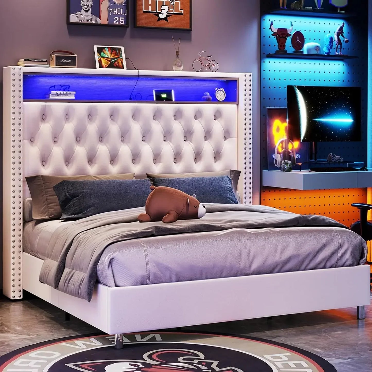 Bed Frame and Headboard LED King Size with Charging Station Velvet Upholstered Beds, No Box Spring Needed, King Size Bed Frame