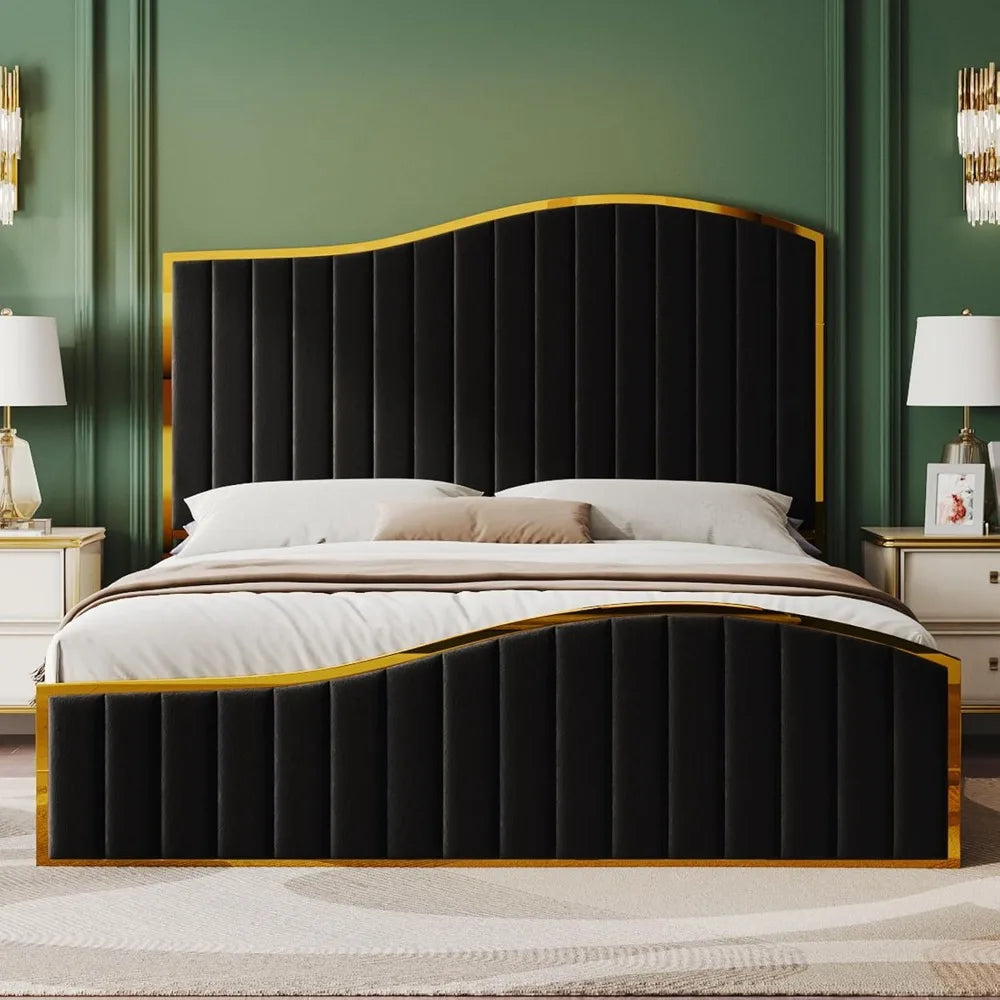 Bed Frame Bedstead Queen Size or King Size, 61.4" High Headboard Platform Bed Velvet Upholstered with Gold Trim/No Box Spring Required/Black