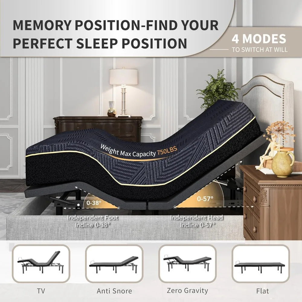 Bed Frame King or Queen or Twin XL size with Mattress, 14 Inch Hybrid Copper-Gel AeroFusion Memory Foam, Head & Foot Incline, 750lbs Lift Capacity