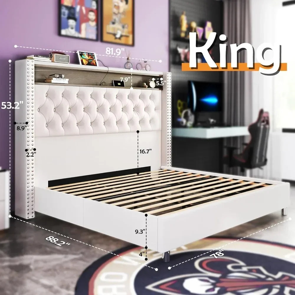 Bed Frame and Headboard LED King Size with Charging Station Velvet Upholstered Beds, No Box Spring Needed, King Size Bed Frame