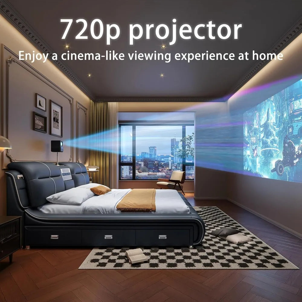 Multifunctional King Size Bed Frame, 720P Projector/Air Purifier/Massage Function/Music Speaker/USB Port/Storage Drawers