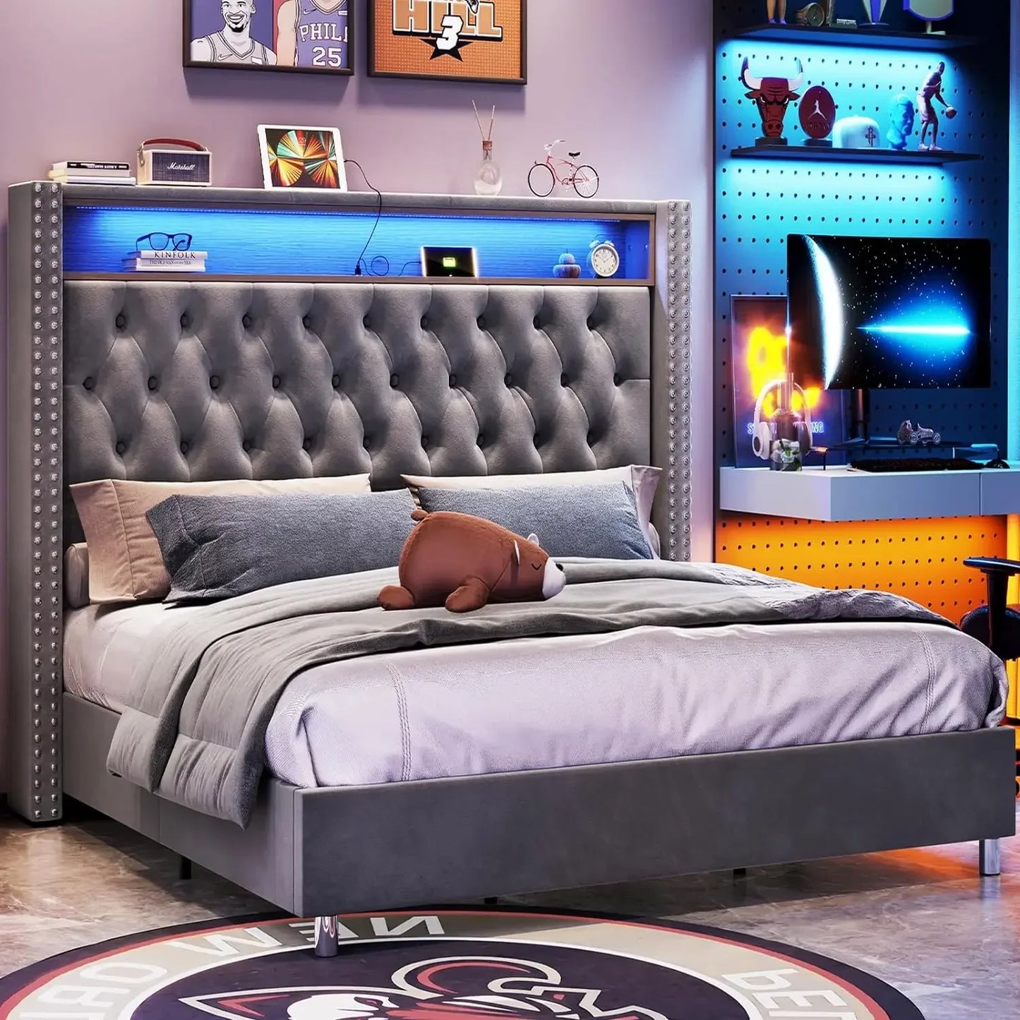 Bed Frame and Headboard LED King Size with Charging Station Velvet Upholstered Beds, No Box Spring Needed, King Size Bed Frame