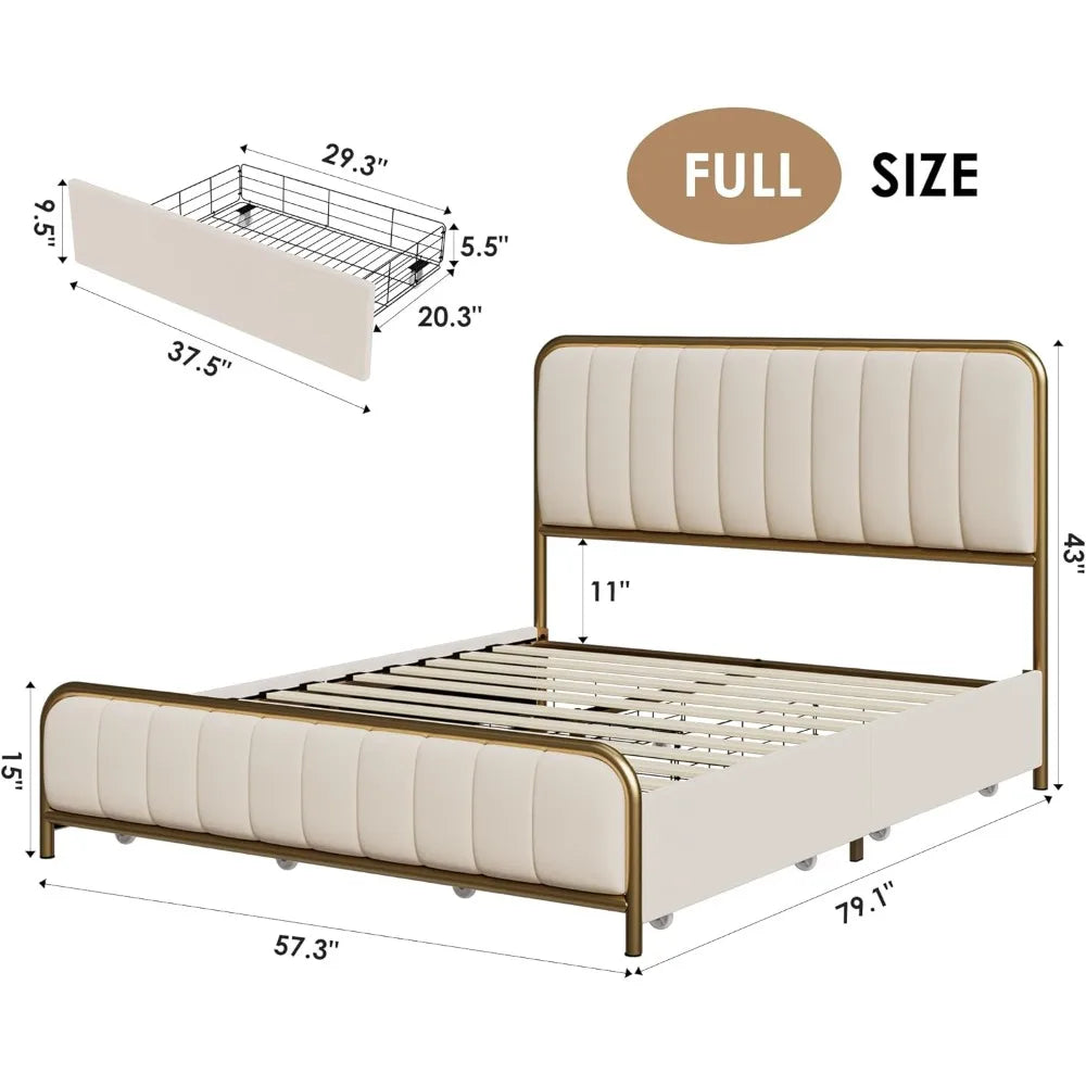 Bed Frame Full Size with 4 Storage Drawers and Headboard, Heavy Duty Metal Mattress Foundation with Wooden Slats