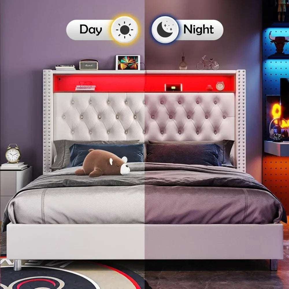 Bed Frame and Headboard LED King Size with Charging Station Velvet Upholstered Beds, No Box Spring Needed, King Size Bed Frame
