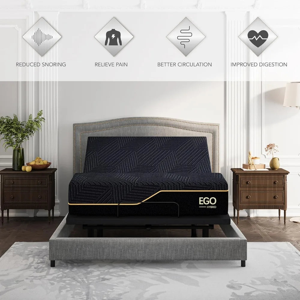 Bed Frame King or Queen or Twin XL size with Mattress, 14 Inch Hybrid Copper-Gel AeroFusion Memory Foam, Head & Foot Incline, 750lbs Lift Capacity