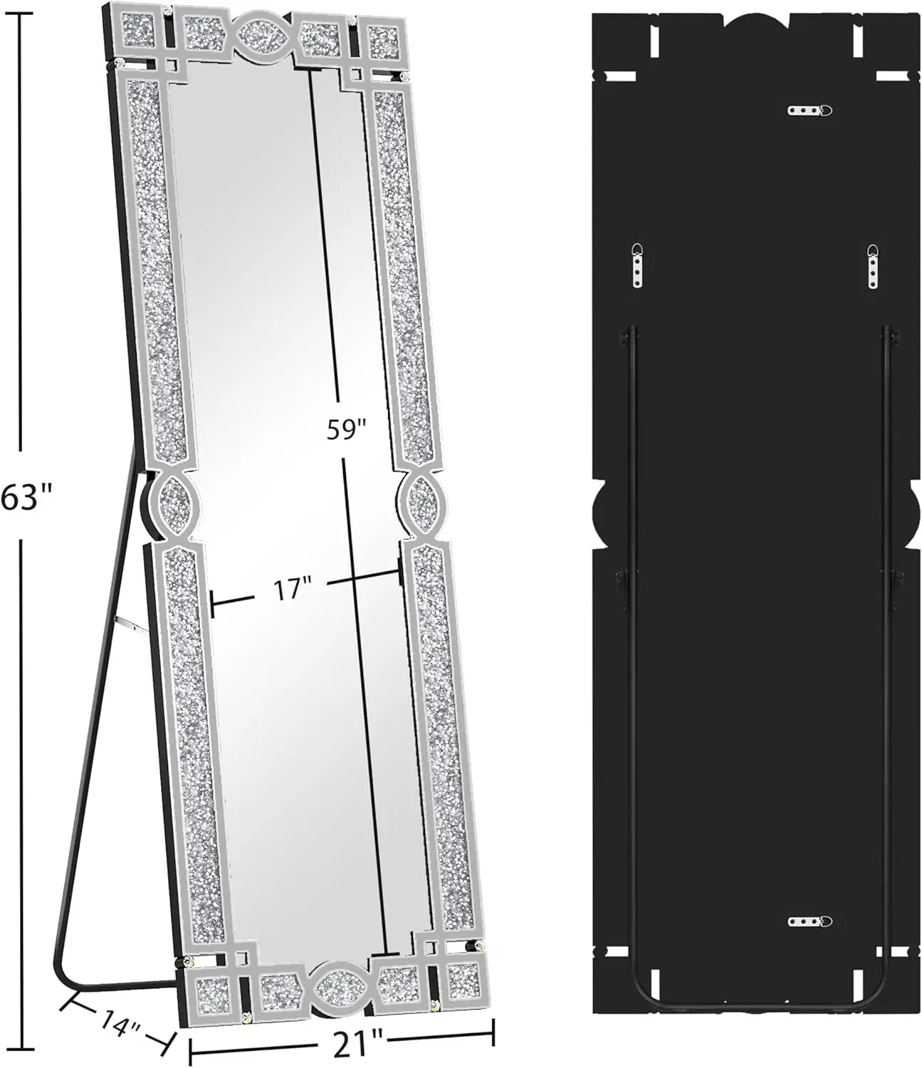 Decor Crystal Mirror Full Length-63 X 21 "Crushed Diamond Full Length Mirror Silver Long Floor Standing Mirror Bedroom, Living Room