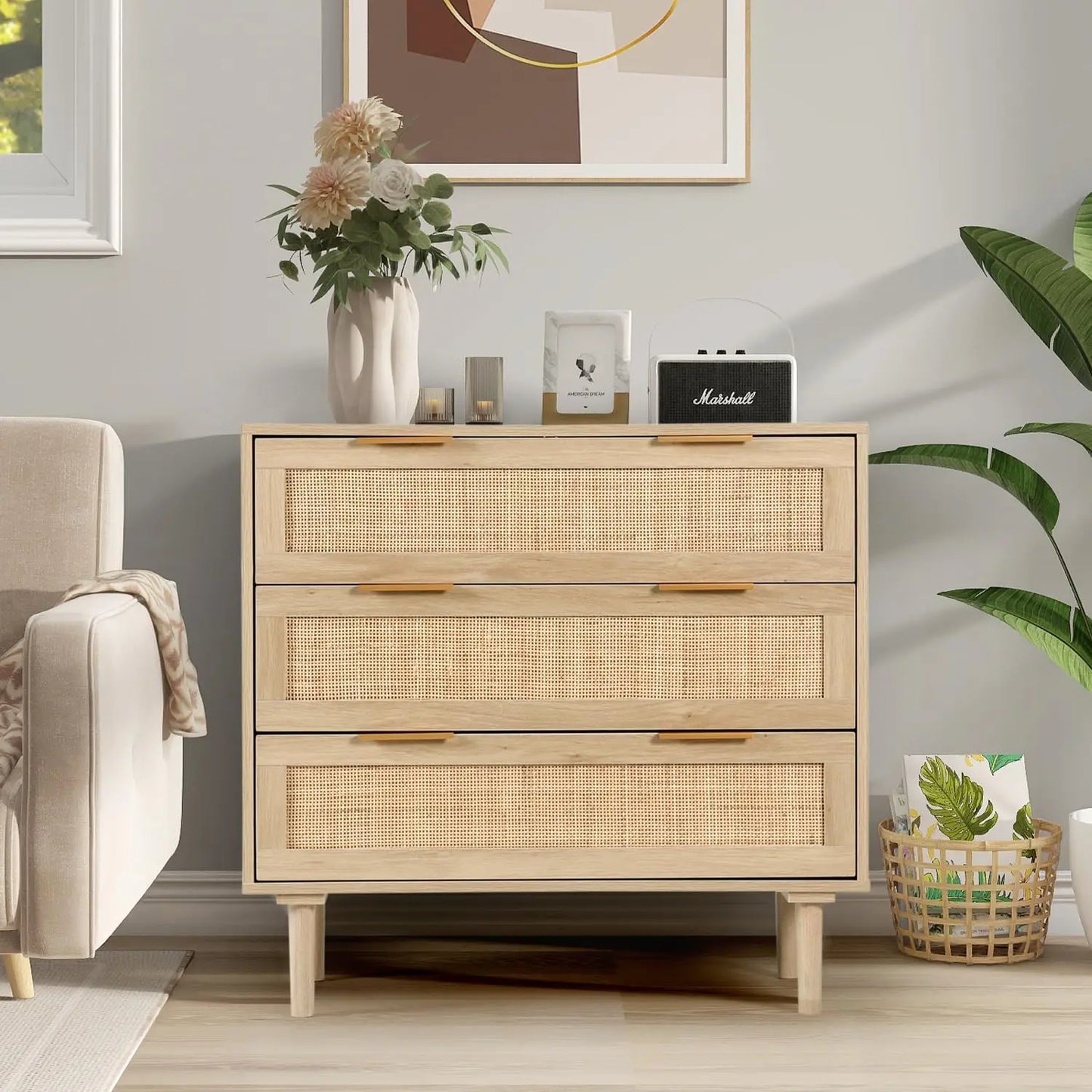Large Nightstand Rattan Drawer, Modern 3 Drawer Night Stand Bedroom, Bedside Table, Grey