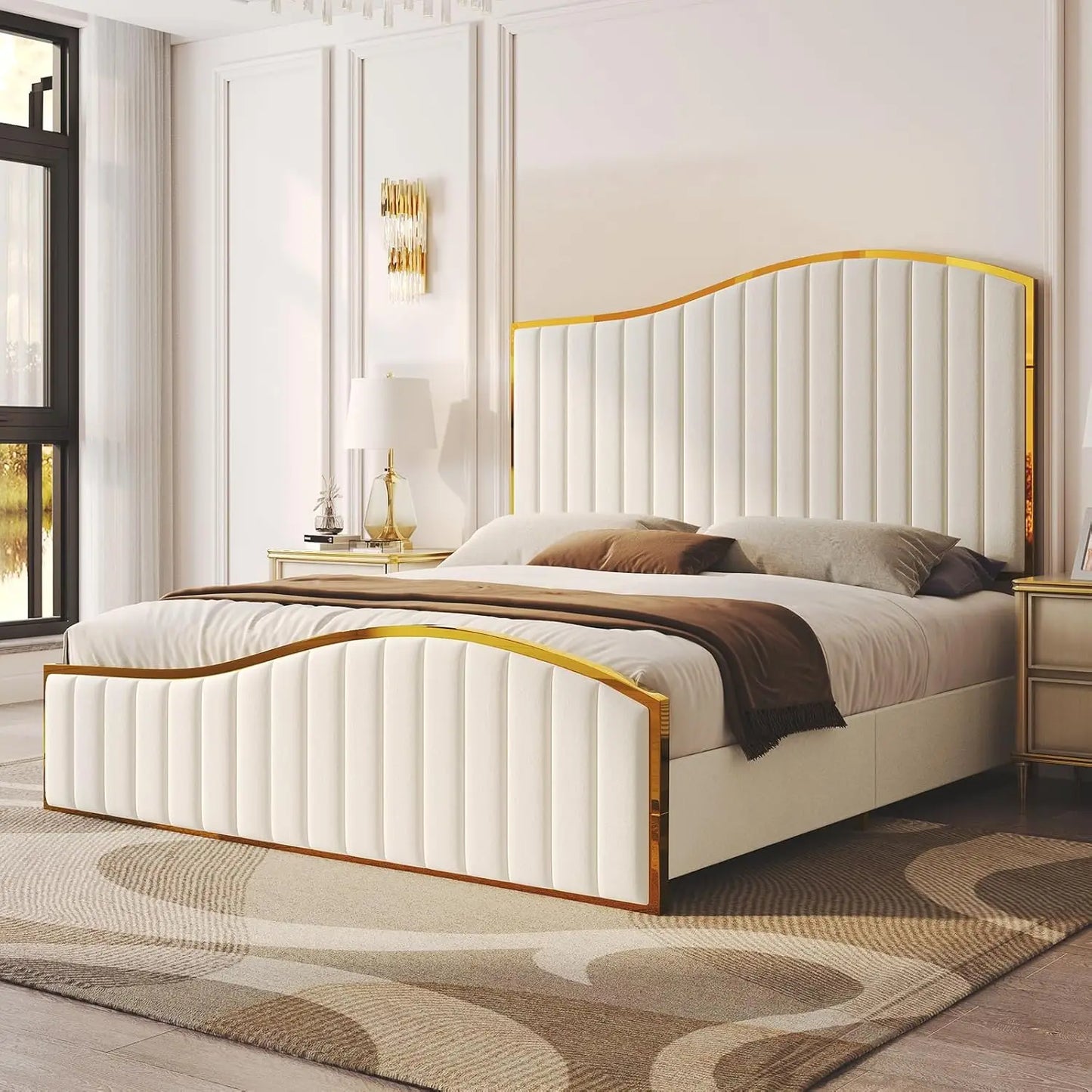 Bed Frame Bedstead Queen Size or King Size, 61.4" High Headboard Platform Bed Velvet Upholstered with Gold Trim/No Box Spring Required/Black