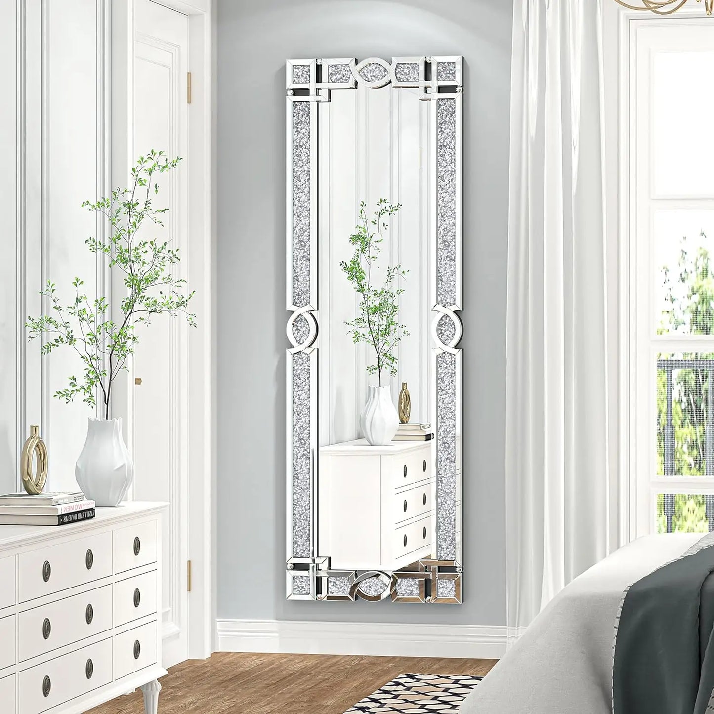 Decor Crystal Mirror Full Length-63 X 21 "Crushed Diamond Full Length Mirror Silver Long Floor Standing Mirror Bedroom, Living Room