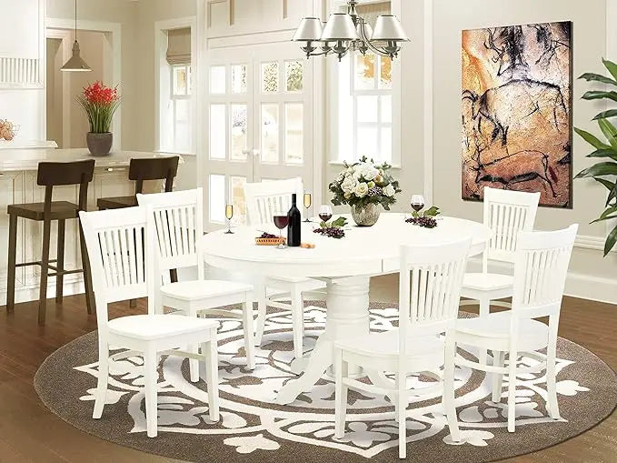 Set Consist 5 or 7 Piece Room of an Oval Kitchen Table with Butterfly Leaf and 6 Fabric Upholstered Dining Chairs, Linen White