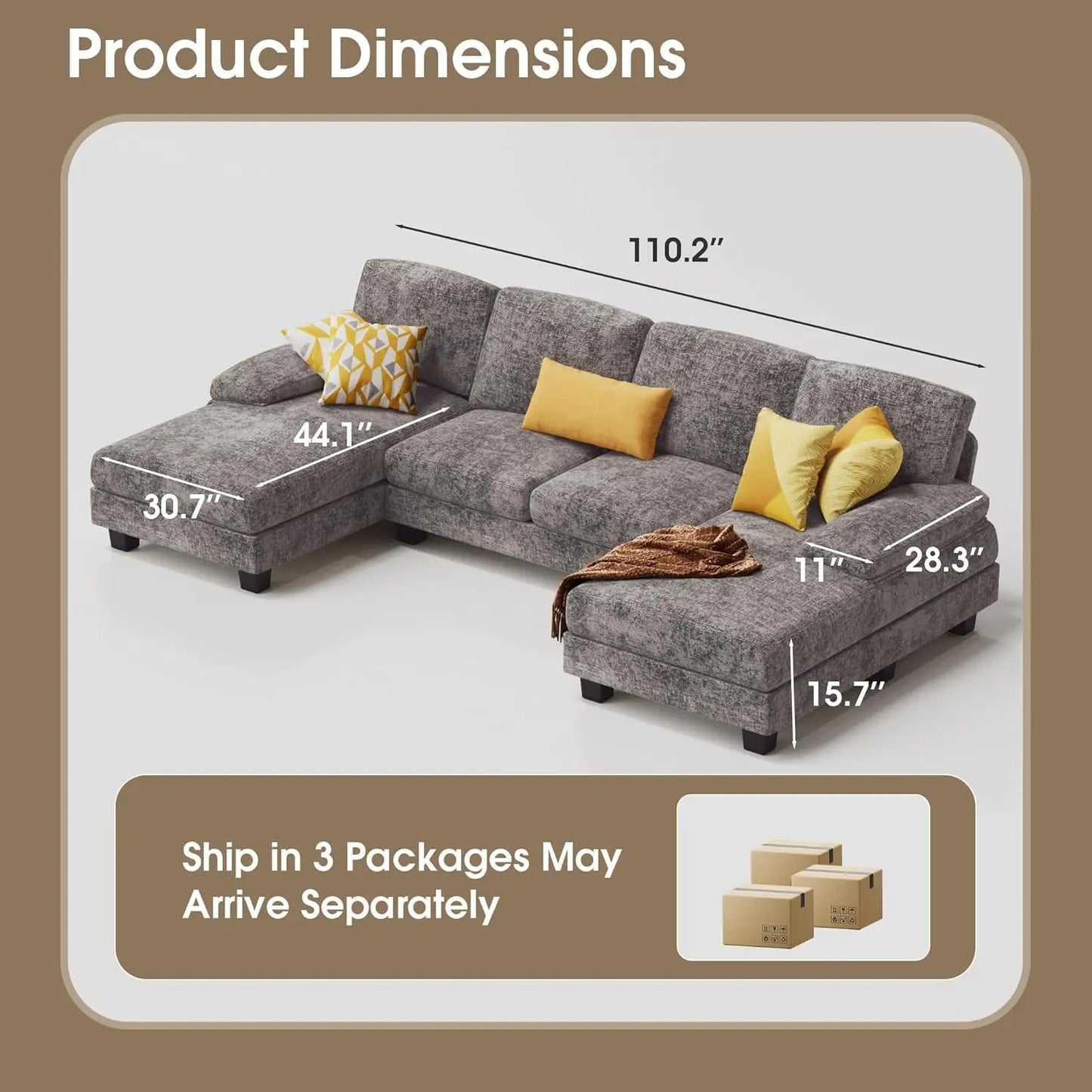 Living Room U-Shaped Sofa Couch with Linen Fabric, 4-Seat Sofa Set with Double Chaise for Apartment (Fabric, Grey)