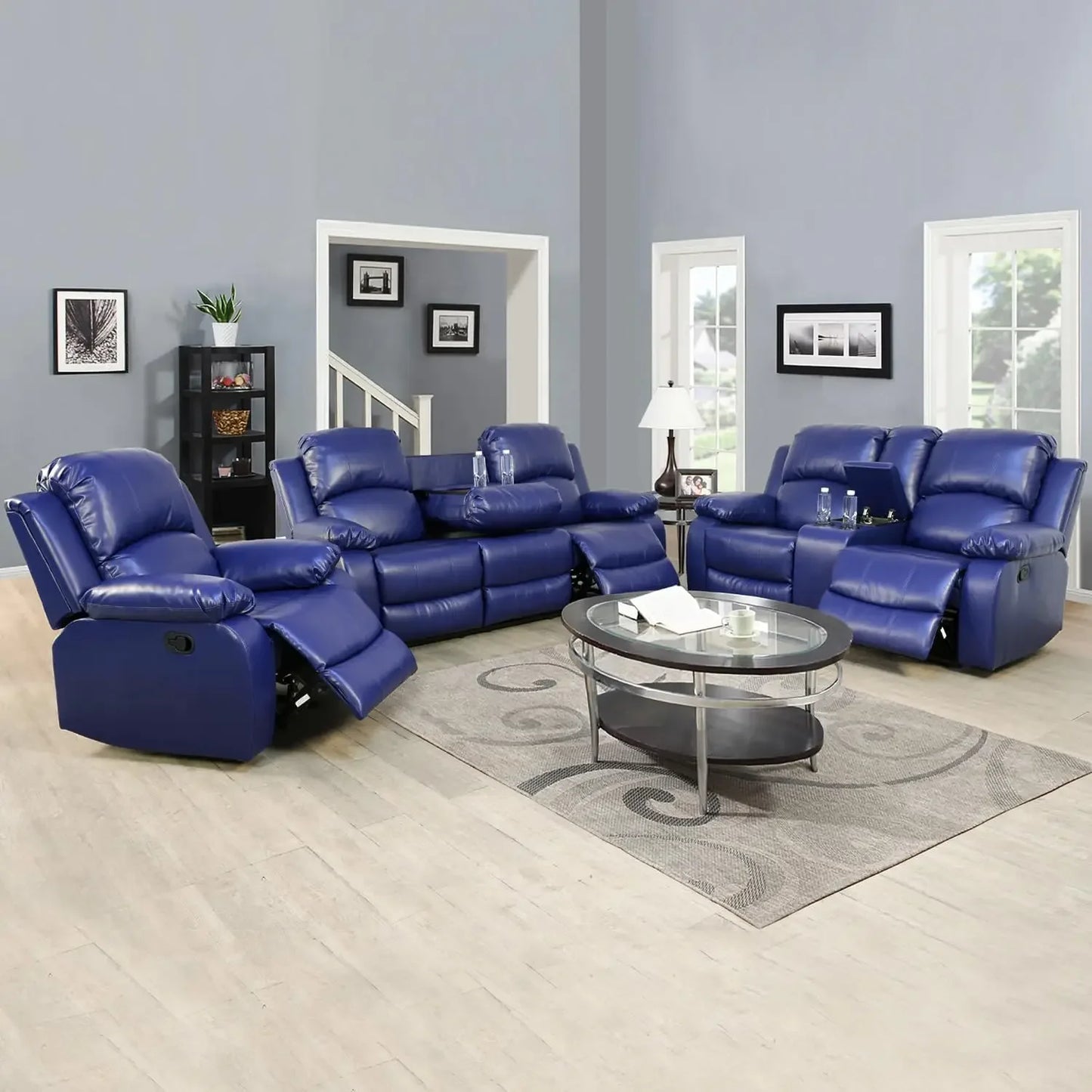 Living Room Leather Recliner Sofa Set, Leather Reclining Sofa, Loveseat, and Chair Set for Living Room Furniture Sets, Beige Recliner Couch Set(Sofa Set 3 Pieces)