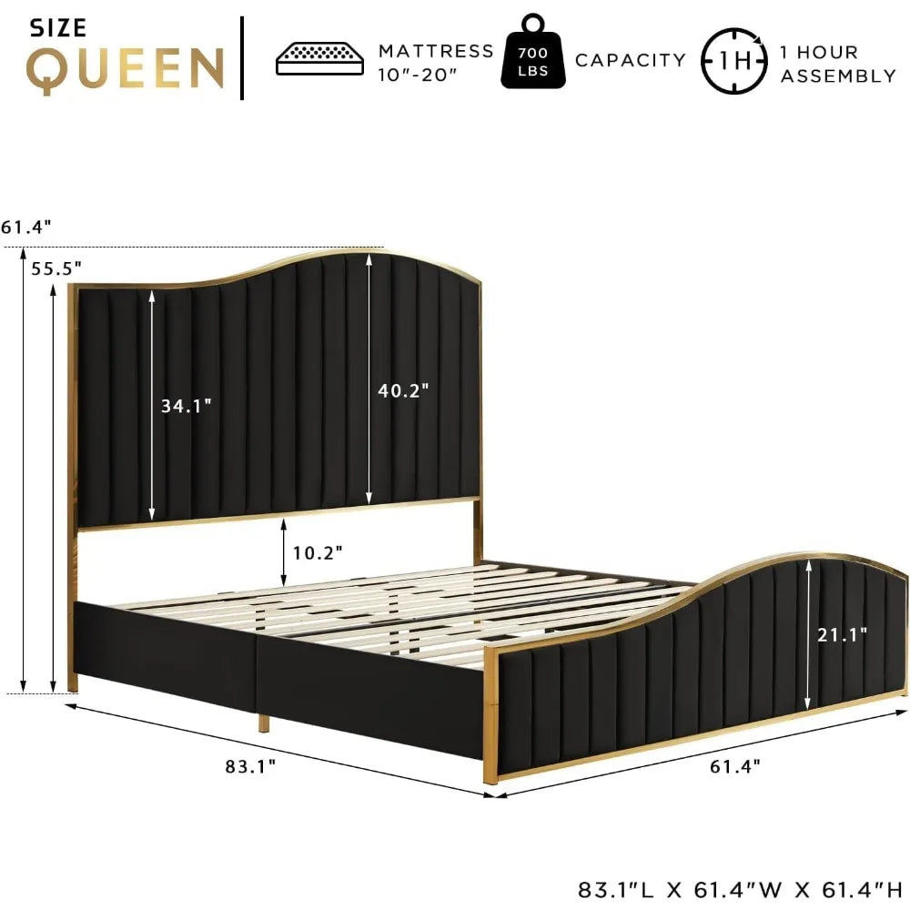 Bed Frame Bedstead Queen Size or King Size, 61.4" High Headboard Platform Bed Velvet Upholstered with Gold Trim/No Box Spring Required/Black