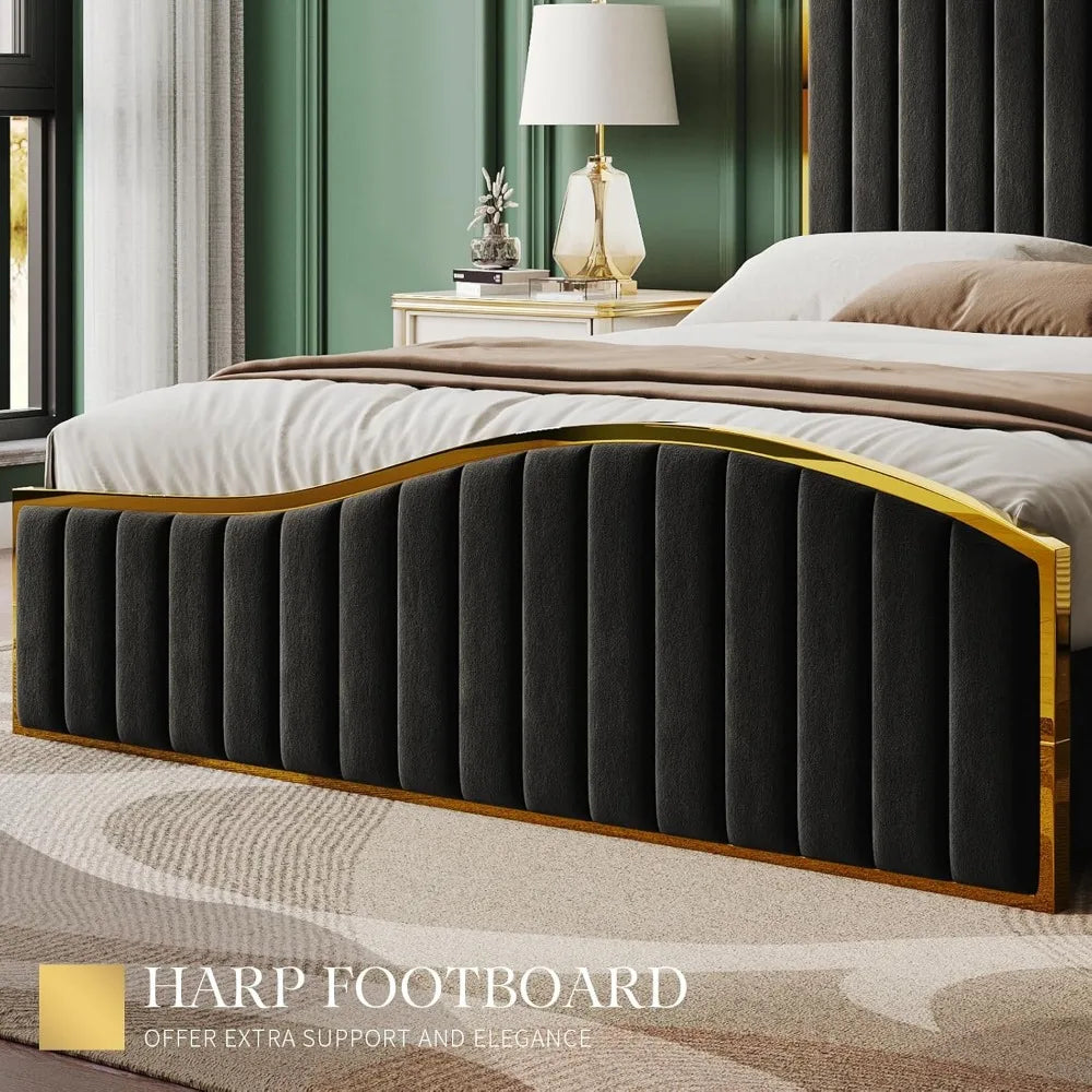 Bed Frame Bedstead Queen Size or King Size, 61.4" High Headboard Platform Bed Velvet Upholstered with Gold Trim/No Box Spring Required/Black