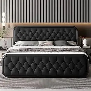 Bed Frame Heavy Duty King Size or Queen Size or Full Size Bed Frame With Faux Leather Headboard Bedroom Furniture 12" Under-Bed Storage Black