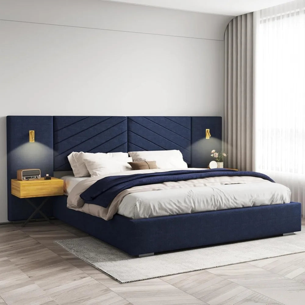Bed Frame with Built-in Gold LED Lights and Nightstands, Luxury King Size or Queen Size Platform Bed with Oversize Upholstered Headboard
