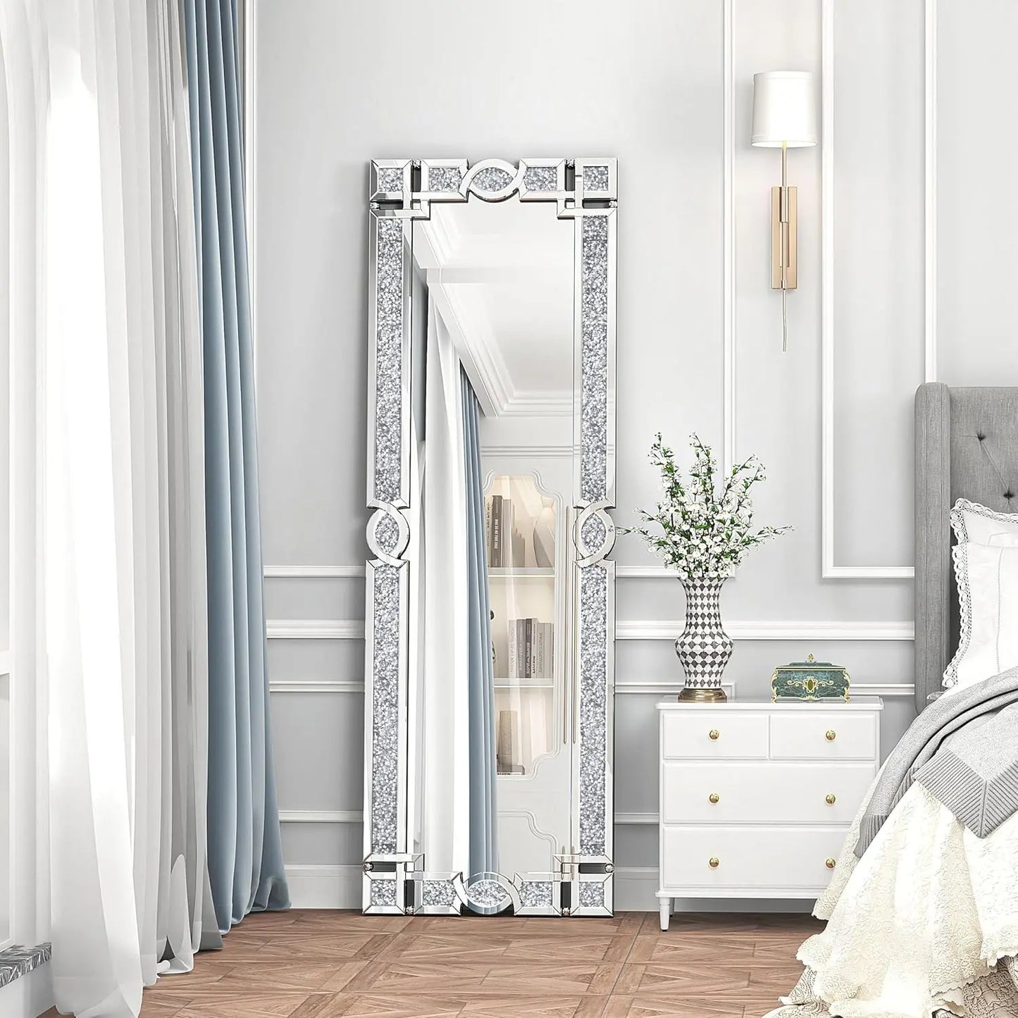 Decor Crystal Mirror Full Length-63 X 21 "Crushed Diamond Full Length Mirror Silver Long Floor Standing Mirror Bedroom, Living Room