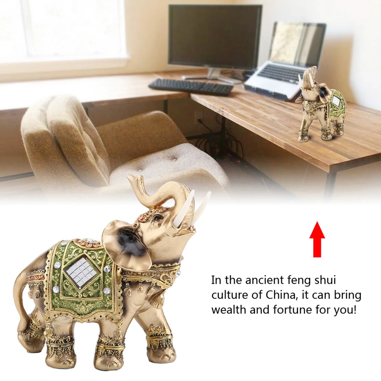 Feng Shui Elephant Statue, Lucky Feng Shui Green Elephant Statue, Sculpture Wealth Figurine, Gift Home Decoration Elephant Figurine