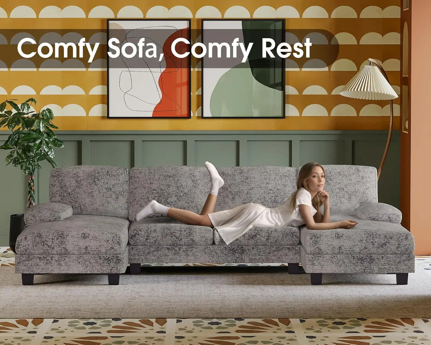 Living Room U-Shaped Sofa Couch with Linen Fabric, 4-Seat Sofa Set with Double Chaise for Apartment (Fabric, Grey)