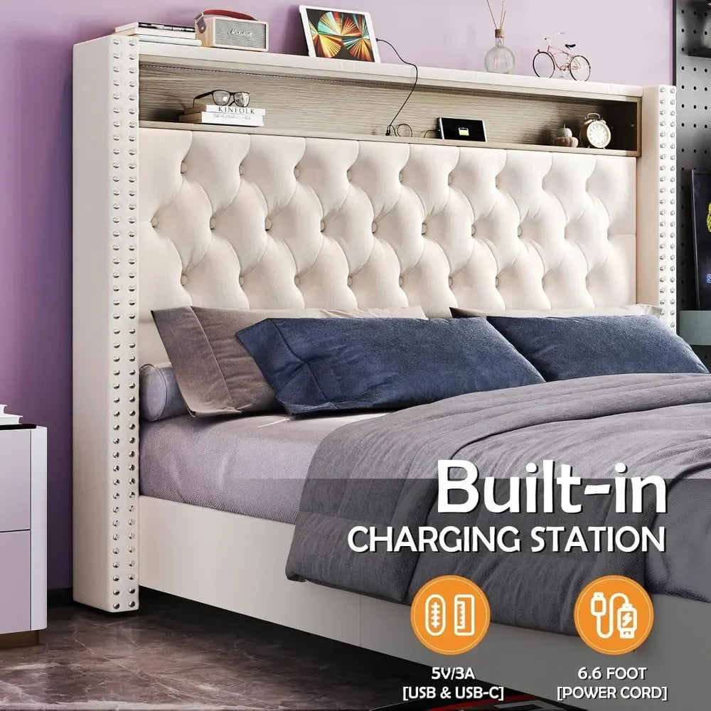 Bed Frame and Headboard LED King Size with Charging Station Velvet Upholstered Beds, No Box Spring Needed, King Size Bed Frame