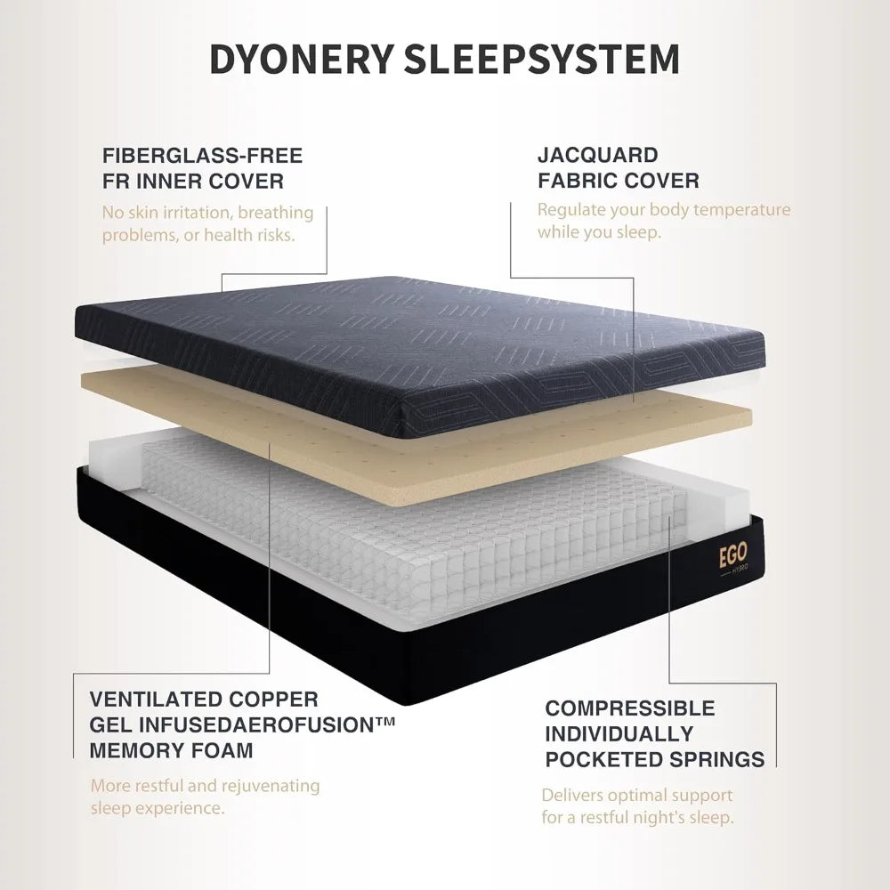Bed Frame King or Queen or Twin XL size with Mattress, 14 Inch Hybrid Copper-Gel AeroFusion Memory Foam, Head & Foot Incline, 750lbs Lift Capacity