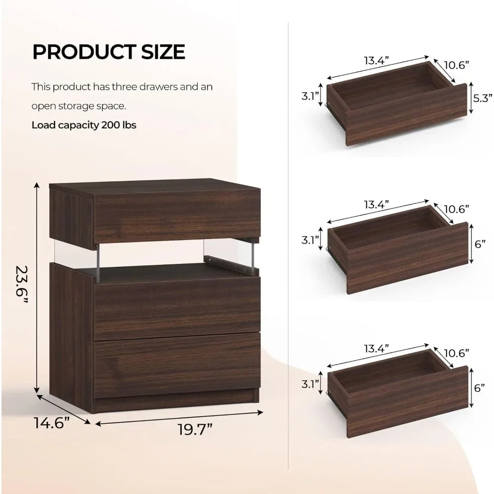 End Table or Nightstand, 3 Drawers Modern Bedside Table End Side Table for Bedroom LED Night Stand