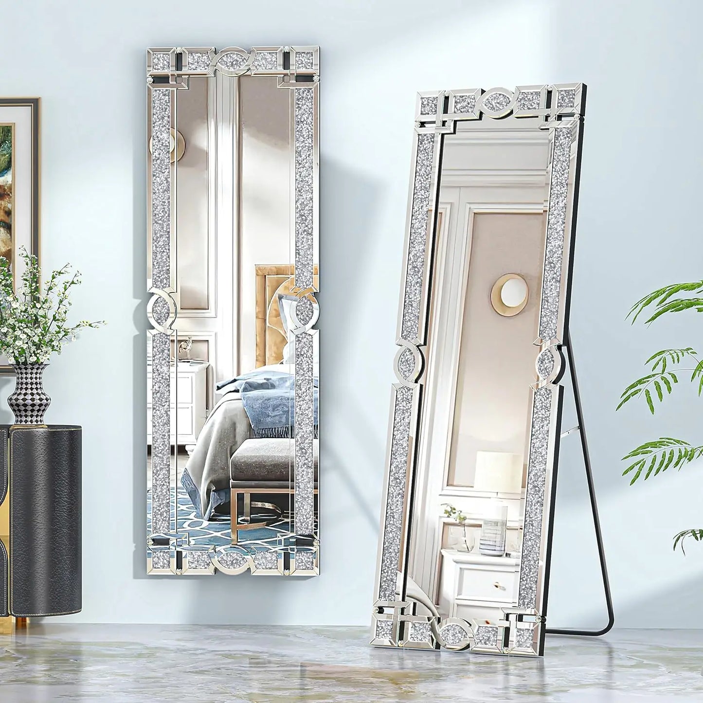 Decor Crystal Mirror Full Length-63 X 21 "Crushed Diamond Full Length Mirror Silver Long Floor Standing Mirror Bedroom, Living Room