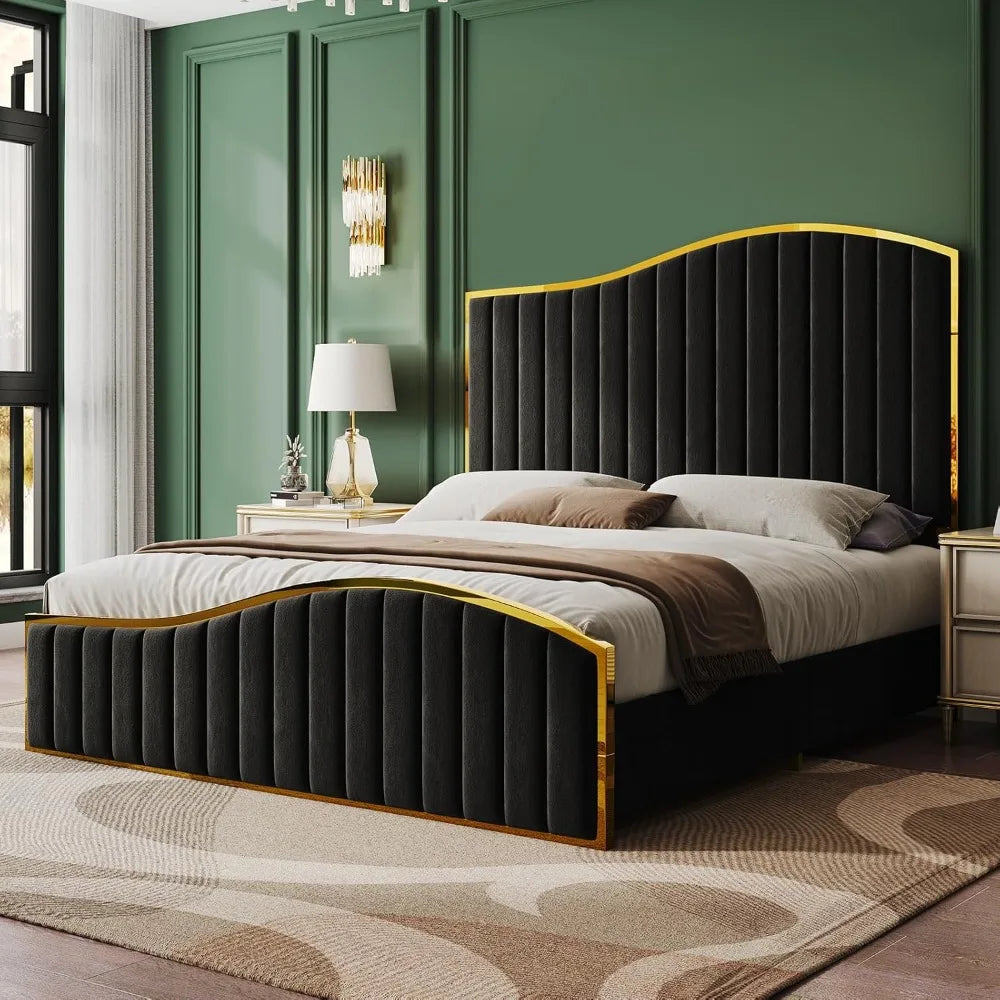 Bed Frame Bedstead Queen Size or King Size, 61.4" High Headboard Platform Bed Velvet Upholstered with Gold Trim/No Box Spring Required/Black