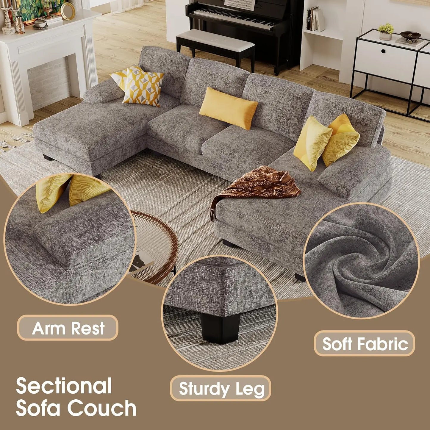 Living Room U-Shaped Sofa Couch with Linen Fabric, 4-Seat Sofa Set with Double Chaise for Apartment (Fabric, Grey)