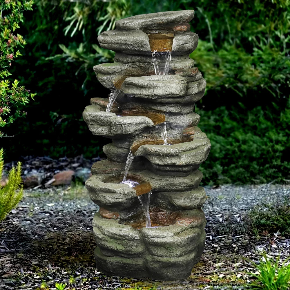 Naturefalls 30.7 Inch H Resin Outdoor Fountain - 6 Tier Rock Waterfall Fountain with LED Lights for Home Garden Decoration, Grey