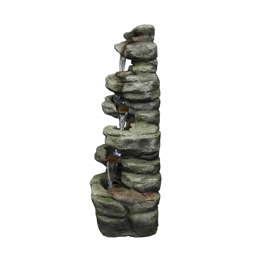 Naturefalls 30.7 Inch H Resin Outdoor Fountain - 6 Tier Rock Waterfall Fountain with LED Lights for Home Garden Decoration, Grey