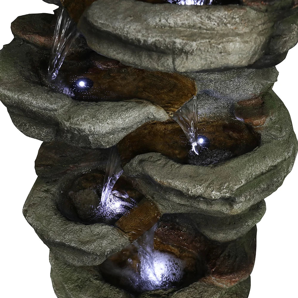 Naturefalls 30.7 Inch H Resin Outdoor Fountain - 6 Tier Rock Waterfall Fountain with LED Lights for Home Garden Decoration, Grey