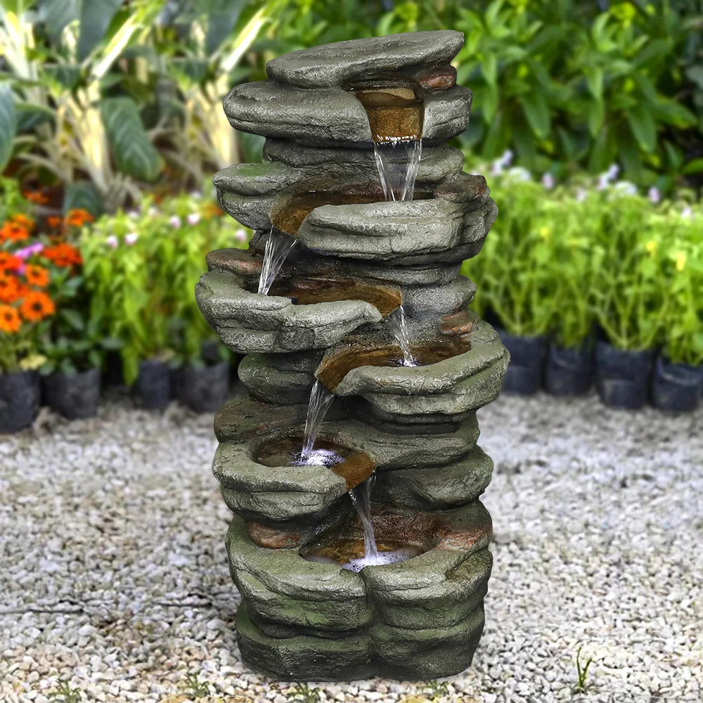 Naturefalls 30.7 Inch H Resin Outdoor Fountain - 6 Tier Rock Waterfall Fountain with LED Lights for Home Garden Decoration, Grey