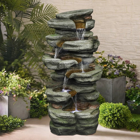 Naturefalls 30.7 Inch H Resin Outdoor Fountain - 6 Tier Rock Waterfall Fountain with LED Lights for Home Garden Decoration, Grey