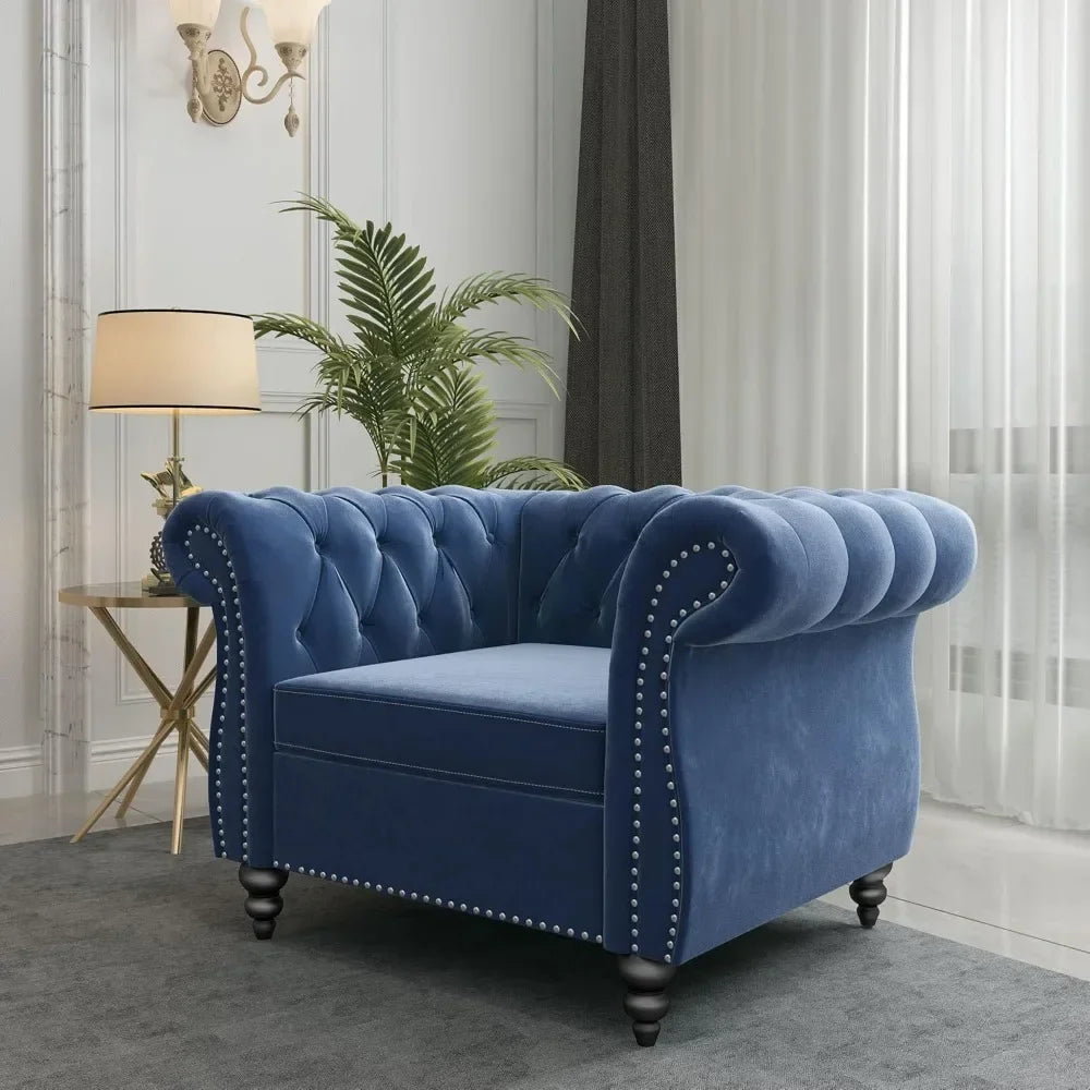 Chair, Modern Velvet Tufted Accent Chair with Scroll Arms and Nail head, Chesterfield Chair