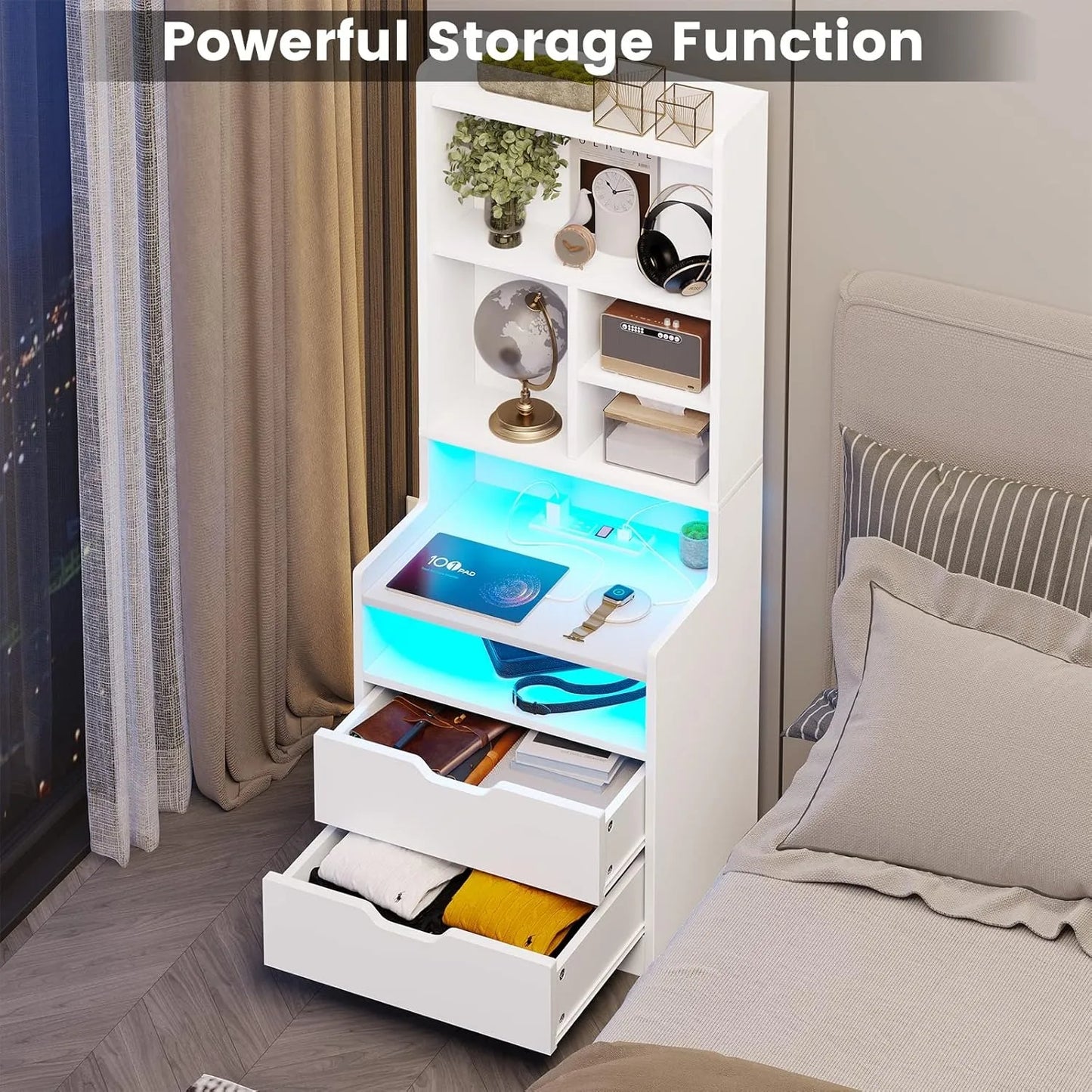 Nightstand Tall with Charging Station & LED Lights White LED Nightstand with Bookshelf, Bedside Table or End Table with Shelves and 2 Drawers