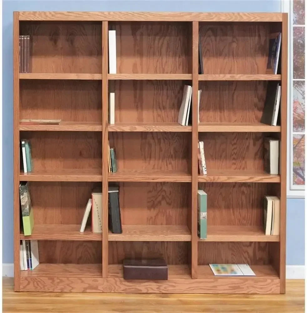 Traditional Triple Wide Wood Bookcase with 12 Adjustable Shelves and 3 Fixed Shelves, Assembly Required, for Home/Office