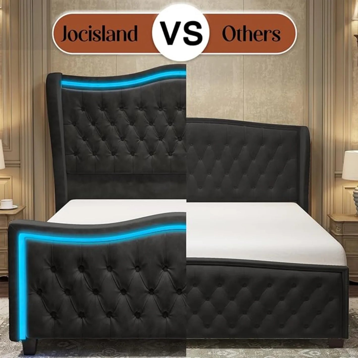 Bed Frame King Size or Queen Size w/LED Lights, 53'' Upholstered Platform Wingback Bed w/Handmade Deep Button Tufted Headboard Footboard