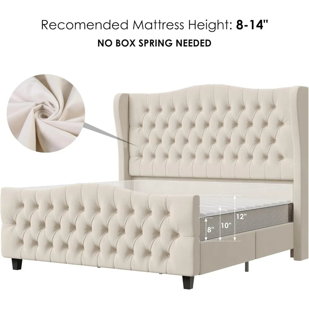 Bed Frame King Size Tall Headboard 54.3", Platform with Deep Button Tufted Wingback Headboard and Footboard, Velvet Upholstered