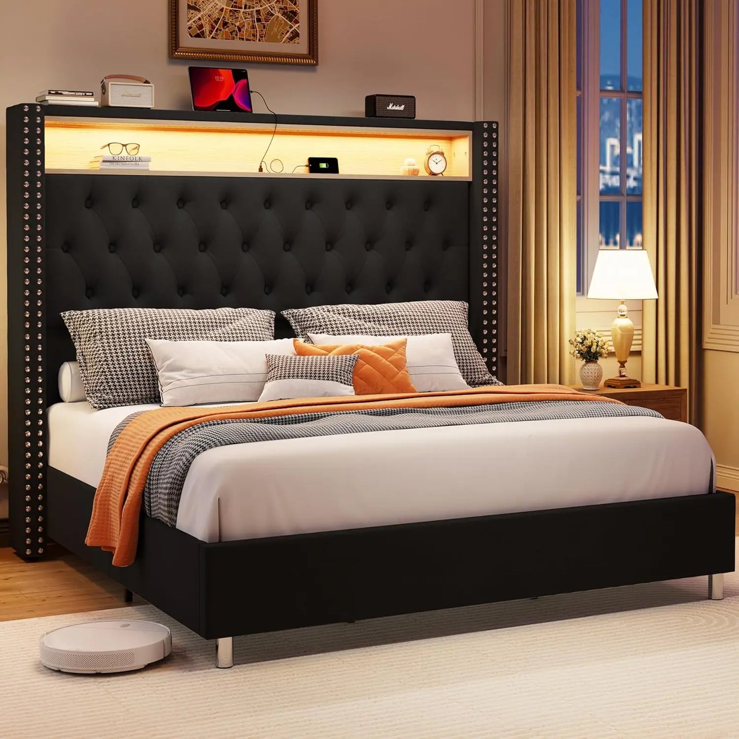 Bed Frame Queen Size with 53.6'' Tall Headboard LED Lights and Charging Station, Velvet High Upholstered Platform Bed Wingback Storag