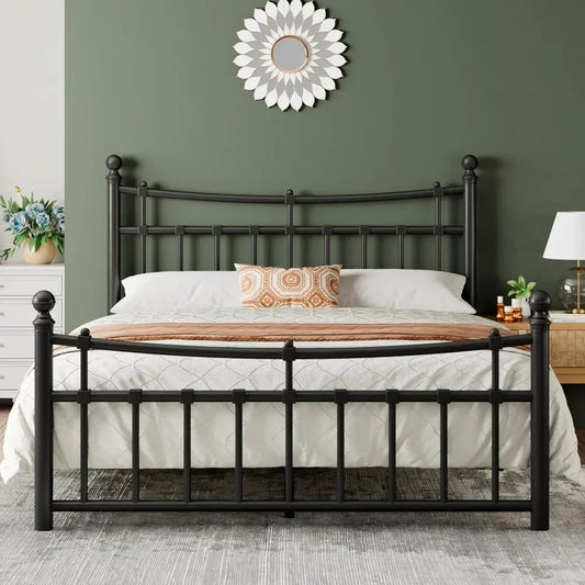 Bed Frame Queen Size with 14 Steel Slats Support, Iron-Art Headboard and Footboard, 14 Inch Metal Platform Bed Frame